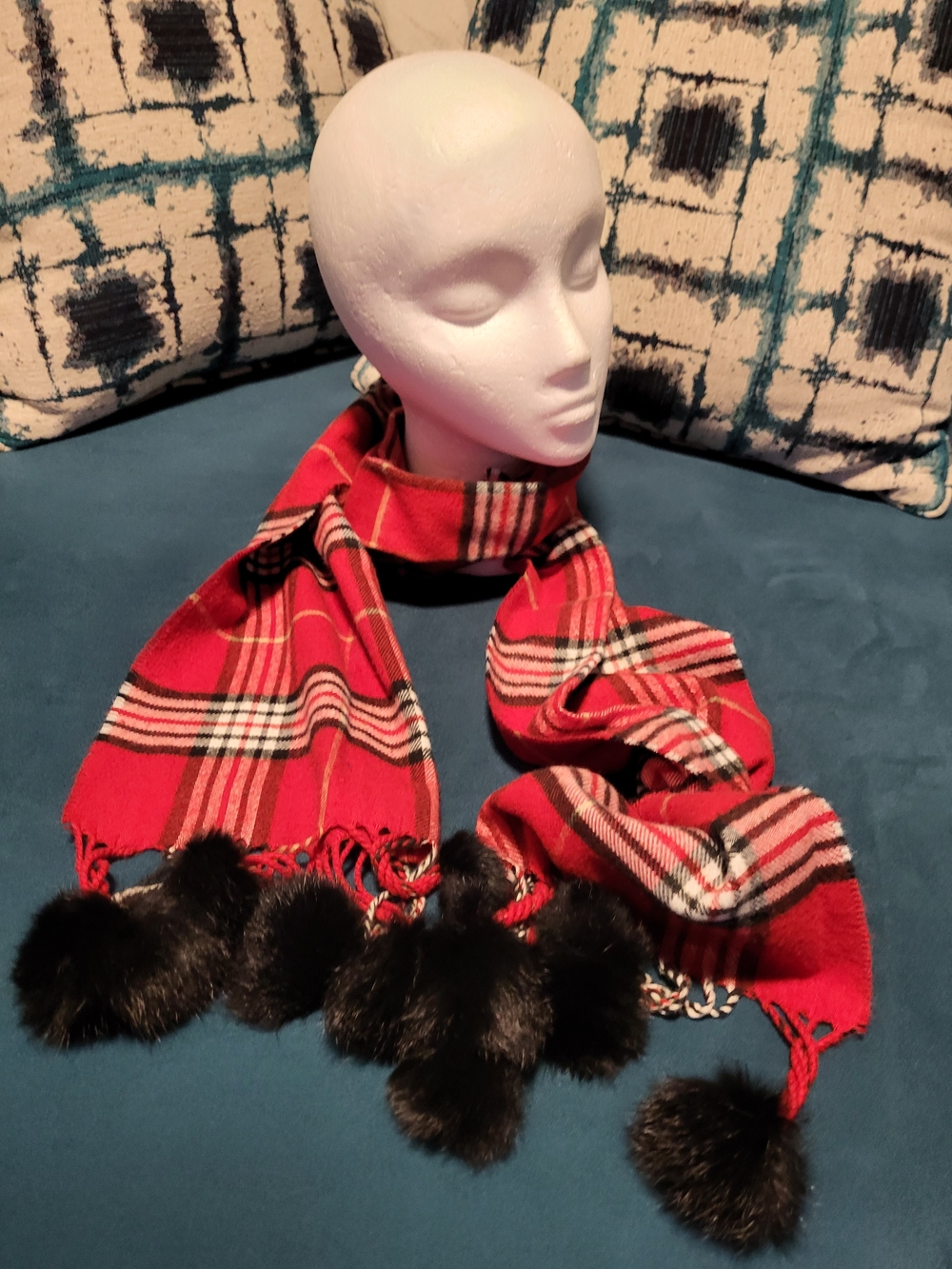 Red Plaid Pom-Pom Scarf